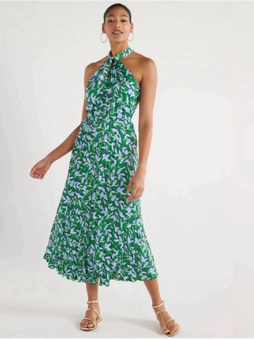 Green Halter Midi Dress with Floral Print
